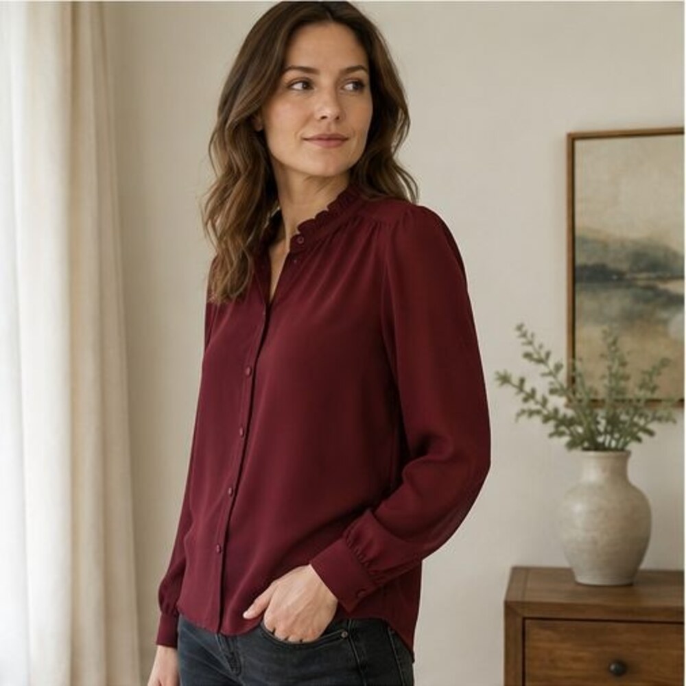 Wine Ruffle Collar Blouse - Picture 3 of 6